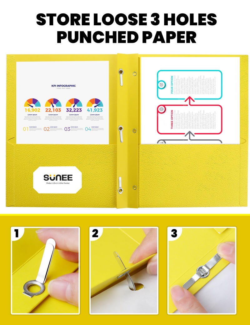 ساني مجلدات SUNEE ذات جيبين ومشابك (عبوة من 25 مجلدًا، لون أصفر)، مجلدات ورقية بجيبين و3 مشابك تناسب ورق بحجم الرسائل، مجلدات بمشابك للمدرسة والمكتب والمنزل والأعمال - Image 3